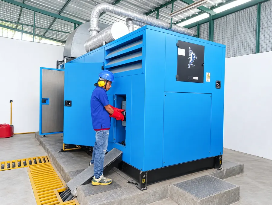 Worker beside the factory backup generator