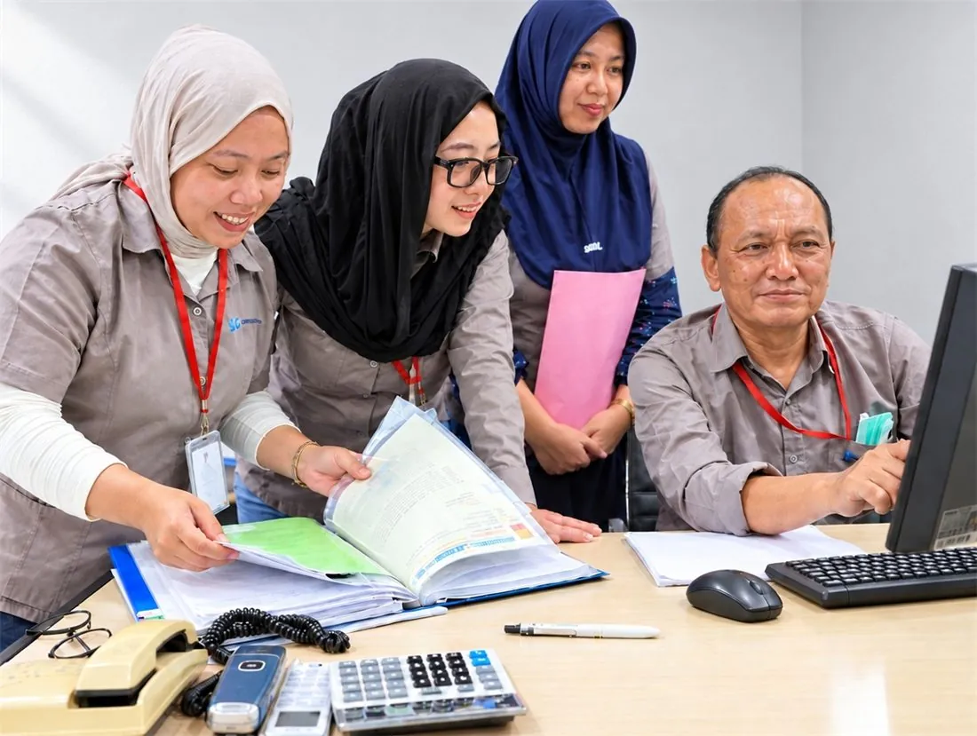 Factory colleagues reviewing compliance records together
